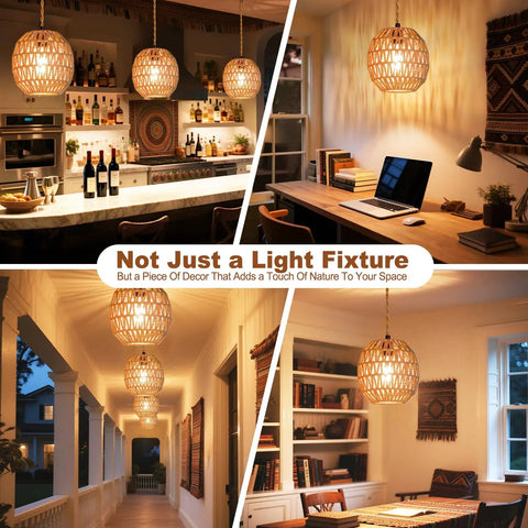 Handcrafted Rattan Pendant Light With Extended Plug In Cord And Simple Toggle Switch Brings Chill Weekend Vibes To Your Cozy Bedroom Or Living Room Egg Shade Fixture in cozy settings.