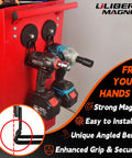 Built Tough Magnetic Hooks 2 Pack Heavy Duty Large Magnetic Hangers holding drills on a red toolbox in a garage workshop