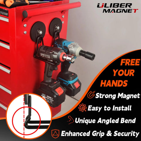 Built Tough Magnetic Hooks 2 Pack Heavy Duty Large Magnetic Hangers holding drills on a red toolbox in a garage workshop