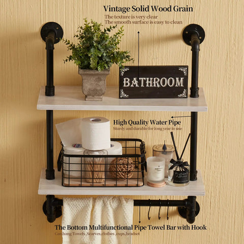 Dope Rustic Industrial Wall Shelves 24 Inch with Heavy Duty Pipe Frame Pine Wood Shelf Towel Bar Hooks in bathroom setting