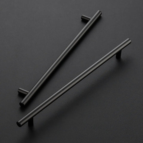 Matte Black Stainless Steel Cabinet Handles Set, 12-1/2 Inch Overall Length, 10 Inch Center-To-Center, shown on black surface