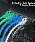 Multi-colored Ethernet cables connected to a network switch, showcasing 10Gbps Snagless Cat6 Ethernet Cable 25ft Slim Profile Patch Cord for PC.