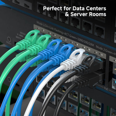 Multi-colored Ethernet cables connected to a network switch, showcasing 10Gbps Snagless Cat6 Ethernet Cable 25ft Slim Profile Patch Cord for PC.