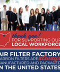 Group of employees standing with thank you message for supporting local workforce, highlighting USA-made carbon filters