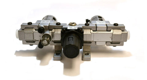 Front view of Dope Modular FRL Trio Air Filter Regulator Lubricator System With Polycarbonate Bowl One Quarter Inch NPT Threads
