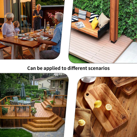 Families enjoying meals outdoors showcasing wood finishes, featuring Dead Solid Pure Tung Oil, 100 Percent Natural Wood Finish.