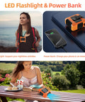 Waist Clip Fan With 10000mAh Battery used by woman outdoors, shown as a power bank charging a phone and worn during a hike.