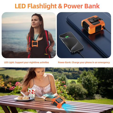 Waist Clip Fan With 10000mAh Battery used by woman outdoors, shown as a power bank charging a phone and worn during a hike.