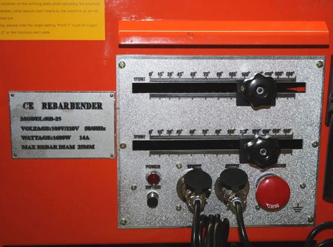Control panel of Rock Solid 25mm Electric Rebar Bender Equipped With Dual Foot Switches for precise bends in one inch steel rebar.