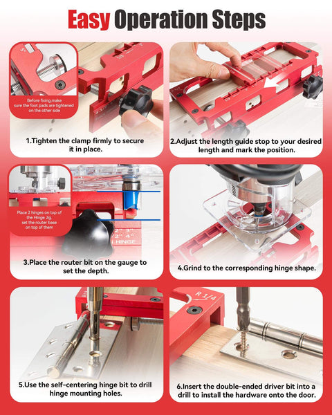 Step-by-step guide using Pro Grade Aluminum Door Hinge Jig Kit for Router, Heavy Duty 6061 Aluminum Alloy, visual instructions.