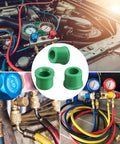 100 Pack Rubber Gasket Replacement Kit For Automotive HVAC O Ring Seals Fits One Quarter Inch Quick Coupler Hoses And Manifold Repair R134A And R410A Refrigerant Systems with images of green gaskets and HVAC manifold setup.