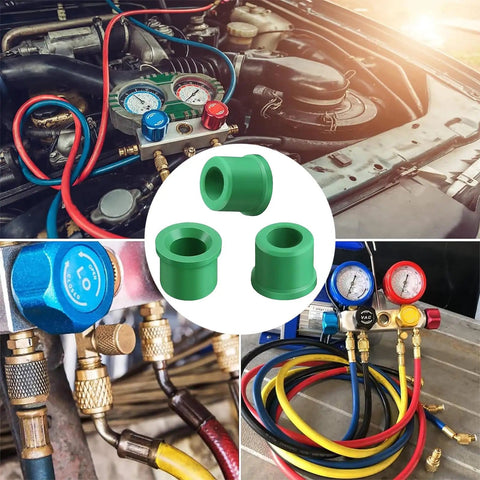 100 Pack Rubber Gasket Replacement Kit For Automotive HVAC O Ring Seals Fits One Quarter Inch Quick Coupler Hoses And Manifold Repair R134A And R410A Refrigerant Systems with images of green gaskets and HVAC manifold setup.