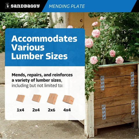 Built Tough Hot Dipped Galvanized Steel Mending Plates For Wood Deck Repair And Framing Reinforcement 1 Inch By 4 Inches shown with various lumber sizes.