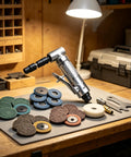 1/4 Inch Angle Air Die Grinder Badass Heavy Duty Tool With 22 Piece Quick Change Sanding Kit For Knockout Grinding and Flawless Finishes At A Whopping 20000 RPM on workshop table with sanding discs.