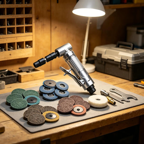 1/4 Inch Angle Air Die Grinder Badass Heavy Duty Tool With 22 Piece Quick Change Sanding Kit For Knockout Grinding and Flawless Finishes At A Whopping 20000 RPM on workshop table with sanding discs.