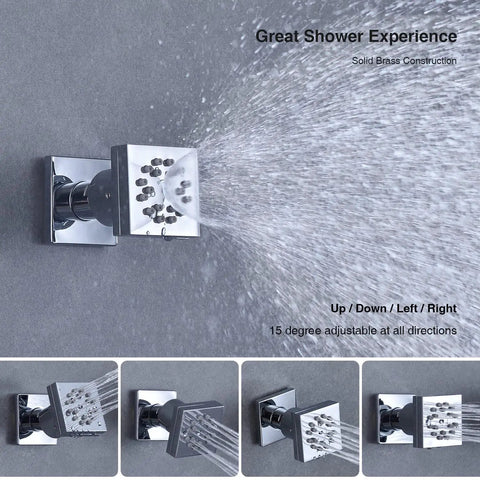 Brass Shower Body Spray Jets Kit With Two Function Massage, side wall mounted square sprayer head in chrome finish spraying water
