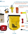 All In One Boating Safety Dry Bag Kit With IP68 Waterproof Flashlight, C1004 Visual Distress Signal, Infrared SOS, USCG Approved Emergency Gear For Watercraft, Family Safe And Easy To Use, Never Buy Flares Again set on white background showing components