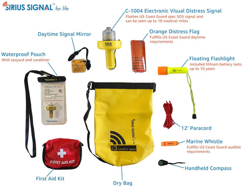 All In One Boating Safety Dry Bag Kit With IP68 Waterproof Flashlight, C1004 Visual Distress Signal, Infrared SOS, USCG Approved Emergency Gear For Watercraft, Family Safe And Easy To Use, Never Buy Flares Again set on white background showing components