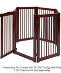 Extension Kit for 360 Configurable Walk Through Folding Pet Gate Expands Openings to 38 Inches Wide Lets You Build Custom Configs and a Big Play Pen Features a Sweet Hinge and Rubber Pad Floor Protection Folds Flat for Easy Storage, shown in walnut wooden finish.