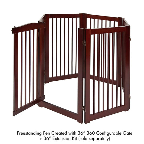 Extension Kit for 360 Configurable Walk Through Folding Pet Gate Expands Openings to 38 Inches Wide Lets You Build Custom Configs and a Big Play Pen Features a Sweet Hinge and Rubber Pad Floor Protection Folds Flat for Easy Storage, shown in walnut wooden finish.