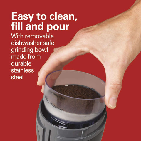Hand removing grinding bowl from Fresh Grind Electric Coffee Grinder for Beans, Spices with stainless steel blades and easy cleanup.