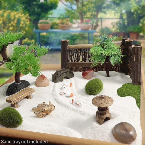 Desktop Zen Garden Kit For Your Desk Or Office, DIY Zen Garden Set With Sand, Rocks, Rake, Moss Stones, Fishes, Lantern, and Pine Tree