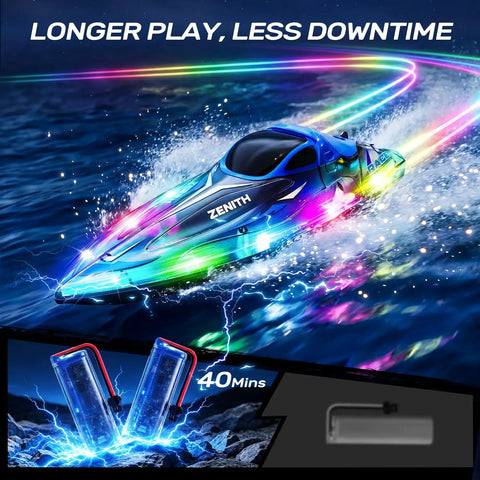 Remote Control Boat With LED Lights For Kids And Adults racing in water with lightning effects and battery shown