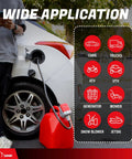 5th Gen Fuel Transfer Pump with Overfill Protection 2.7 GPM Universal Gas Can Adapter in use transferring fuel to a car