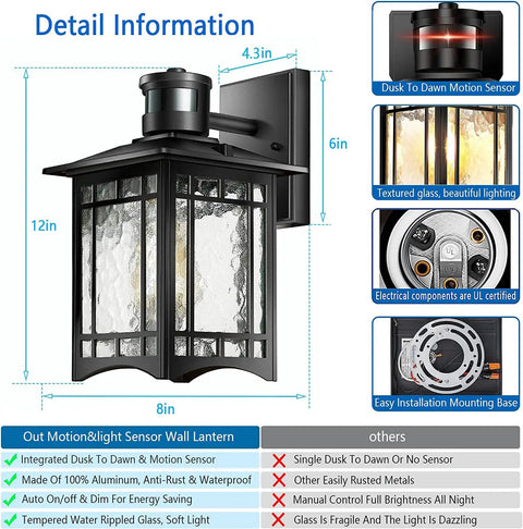 Two Pack Motion Sensor Outdoor Wall Lights With Dusk To Dawn Led Exterior Fixtures Anti Rust Waterproof Black Porch Sconce details and features
