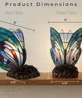 Handcrafted Stained Glass Butterfly Lamp With LED Bulb Included, Desk And Table Light For Bedroom Or Living Space, Colorful Vintage Vibe Decor, Beautiful Glass Art Accent, side and front view with dimensions shown.