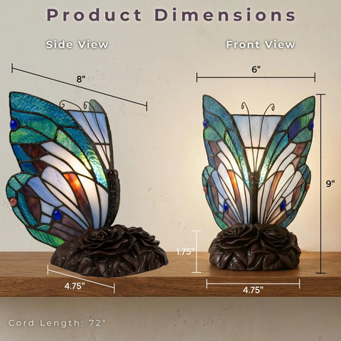 Handcrafted Stained Glass Butterfly Lamp With LED Bulb Included, Desk And Table Light For Bedroom Or Living Space, Colorful Vintage Vibe Decor, Beautiful Glass Art Accent, side and front view with dimensions shown.