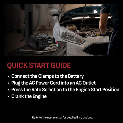 Mechanic using Beast 4 In 1 Car Battery Charger And 50 Amp Engine Starter with instructions in visible workshop.
