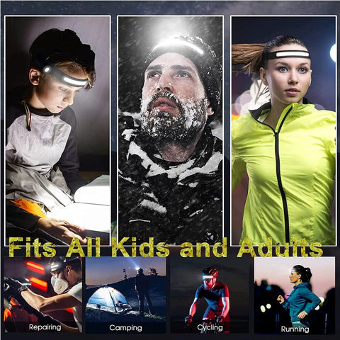 Adults and kids using rechargeable 9 mode LED headlamp with motion sensor for various activities, includes running and camping.