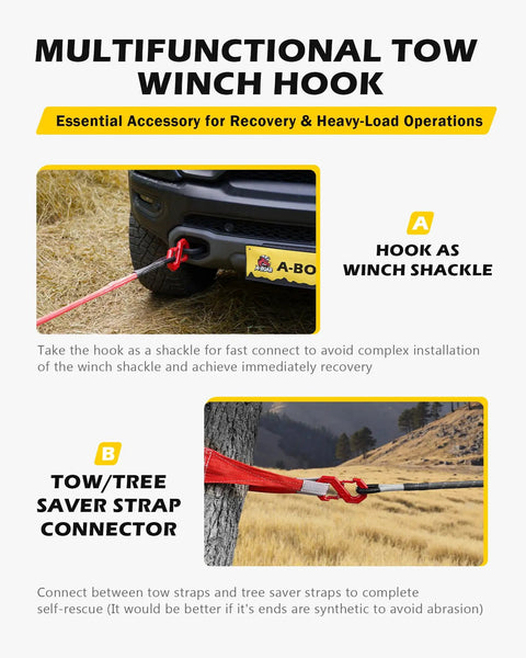 Fast Connect Easy Release Tow Hook And Winch Shackle, 33,000 Lbs Heavy Duty G80 Forged Steel S Shaped Recovery Hook For Trucks, SUVs, ATVs, Trailers, Red, Beefed Up Off Road Tow Accessory on truck bumper and tree strap