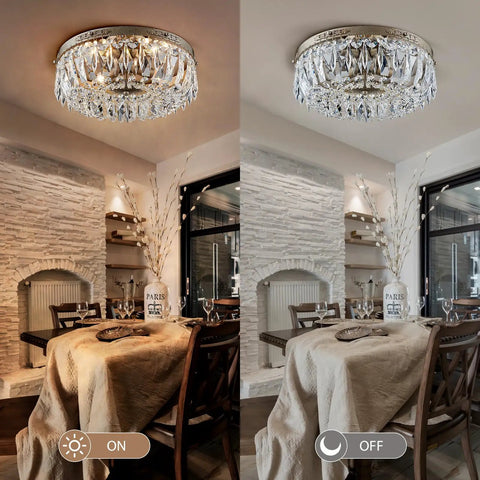 Antique Silver French Empire Crystal Semi Flush Mount Chandelier LED Ceiling Light Fixture, illuminated and unlit view, in dining room.