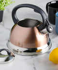 Flintshire 1.75 Quart Stainless Steel Whistling Tea Kettle With Copper Finish Flip Up Spout Cover Stay Cool Nylon Handle For Fast Easy Pour On The Stove