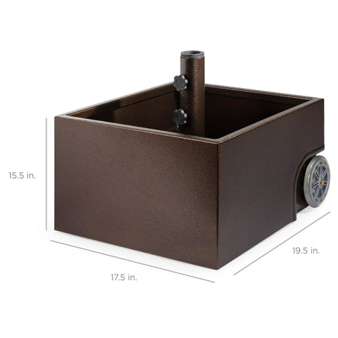Portable Steel Umbrella Base With Fillable Planter, 150lb Capacity, Drainage, Two Adjustment Knobs, Handle And Wheels, shown with dimensions