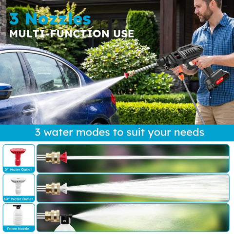No Sweat Battery Powered Cordless Car Washer With Badass Handheld Pressure Cleaner and Rich Foam Pot includes 3 nozzles for multi-function use.