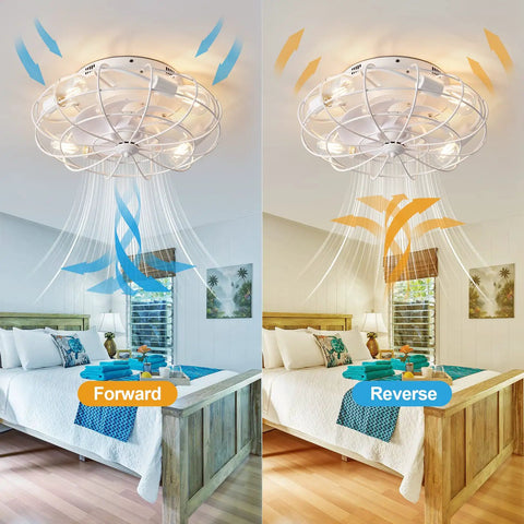 20 Inch Caged Ceiling Fan With Lights Remote Ultra Quiet Copper Motor 3 Speeds Reversible For Farmhouse Style White Finish