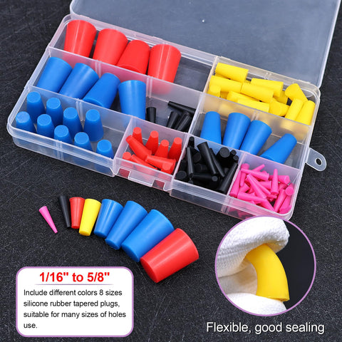 40 Piece High Temp Silicone Rubber Stoppers Set With 8 Sizes Tapered Plugs Color Coded For Masking In Powder Coating Painting Anodizing Plating And Media Blasting Pro Grade, silicone rubber stoppers variety in box