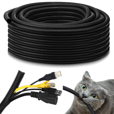 Split Wire Loom Tubing, Heavy Duty High Temperature Flame Retardant Cable Sleeve, black, shown protecting electrical cables, with a cat trying to chew them.