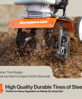 Beast Compact Gas Powered Mini Tiller Cultivator with 52cc engine showing durable steel tines breaking up soil