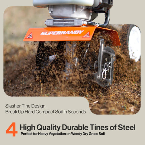 Beast Compact Gas Powered Mini Tiller Cultivator with 52cc engine showing durable steel tines breaking up soil