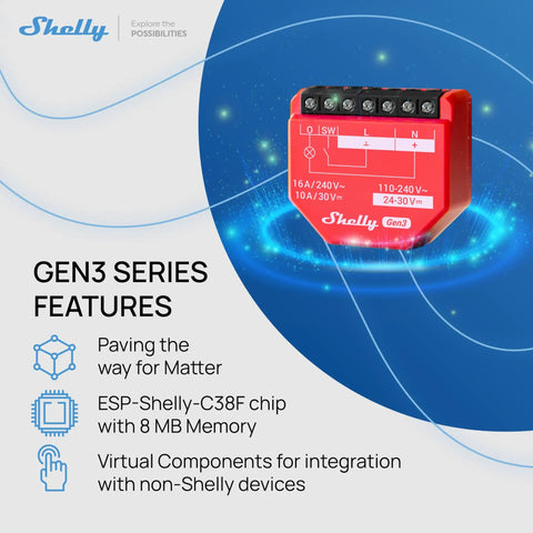 One Channel 16A WiFi Smart Relay Switch With Power Metering, red design with tech features highlighted, Shelly Gen3 series