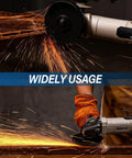 Four And A Half Inch Corded Angle Grinder With 7.5 Amp Motor Up To 12,000 RPM cutting metal with sparks flying