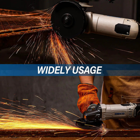 Four And A Half Inch Corded Angle Grinder With 7.5 Amp Motor Up To 12,000 RPM cutting metal with sparks flying