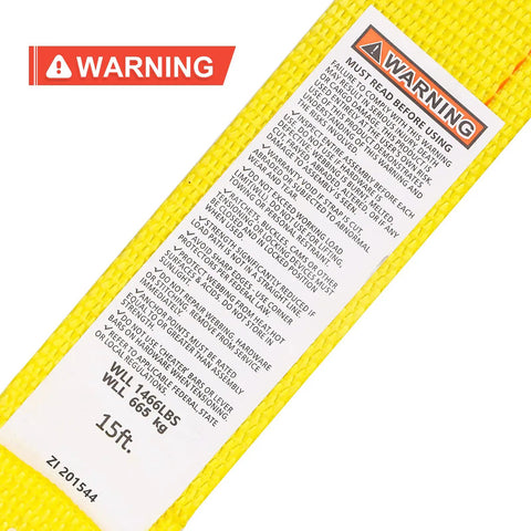 8 Pack 15 Foot Ratchet Straps With 1466 Lb Load Capacity And 4400 Lb Break Strength warning label on yellow strap