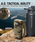 Camouflage water bottle holder and stainless steel bottle on a rock with mountain background, demonstrating fit and size.