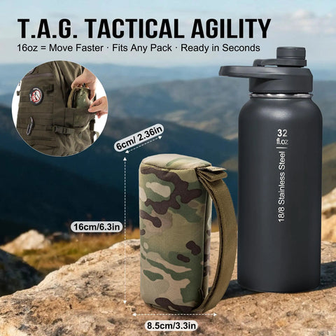 Camouflage water bottle holder and stainless steel bottle on a rock with mountain background, demonstrating fit and size.