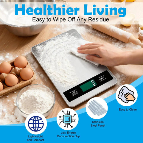 Smart Food Scale For Precise Calories And Portions 33Lb Capacity Measures In Grams And Ounces Also Handles Kg And Ml shown on a kitchen counter being wiped clean